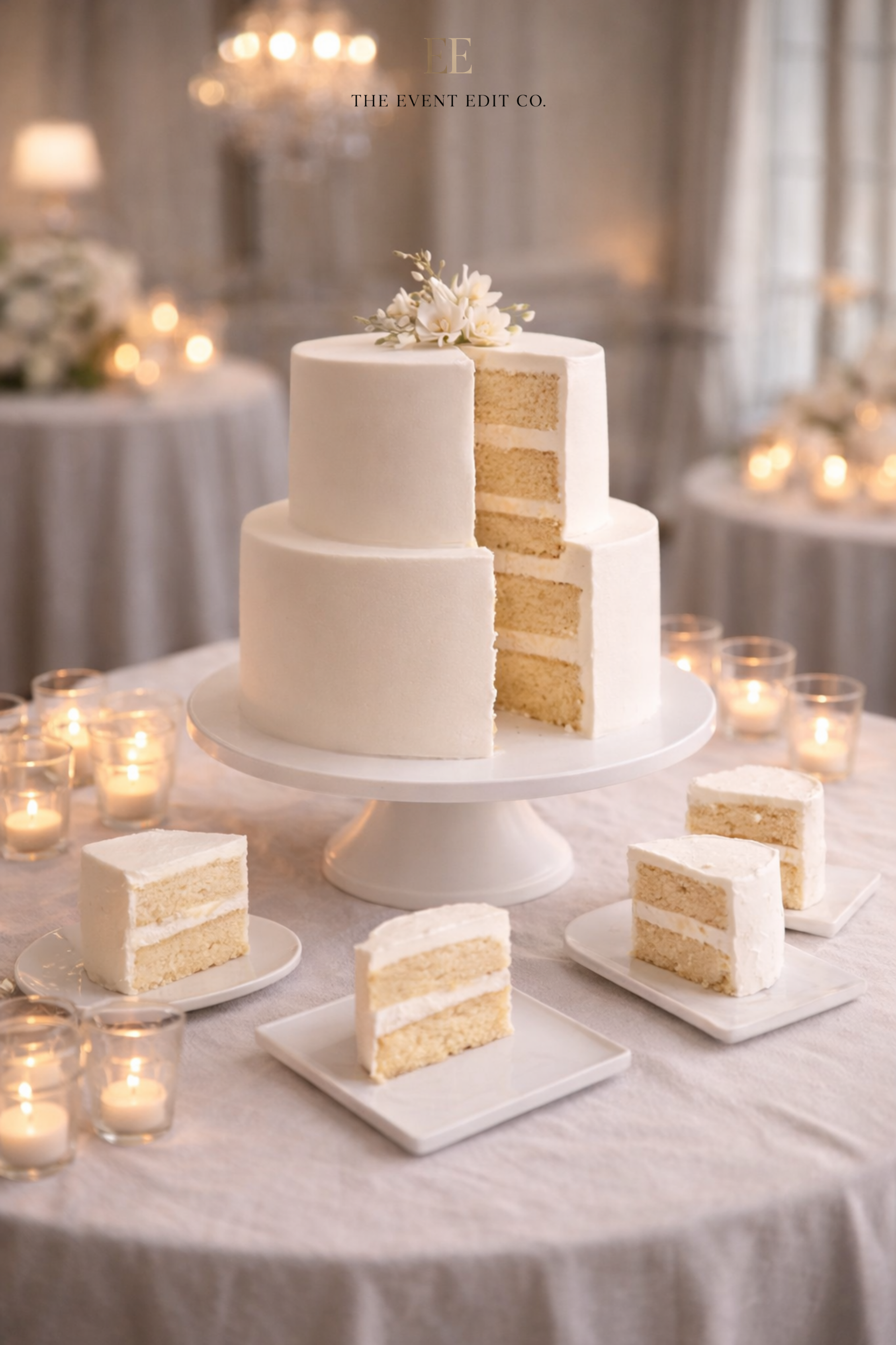 A wedding cake with white frosting, decorated with flowers on top, with several slices cut and placed on small plates around it, on a table with candles and soft lighting.