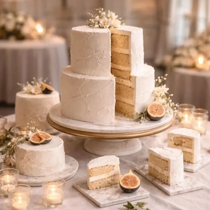 White wedding cake with figs and flowers