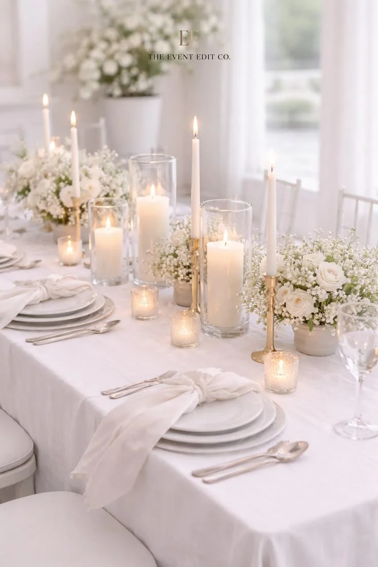 Elegant table setting with white linens, floral arrangements, and tall white candles in glass holders, with gold accents and white chairs in a bright room.