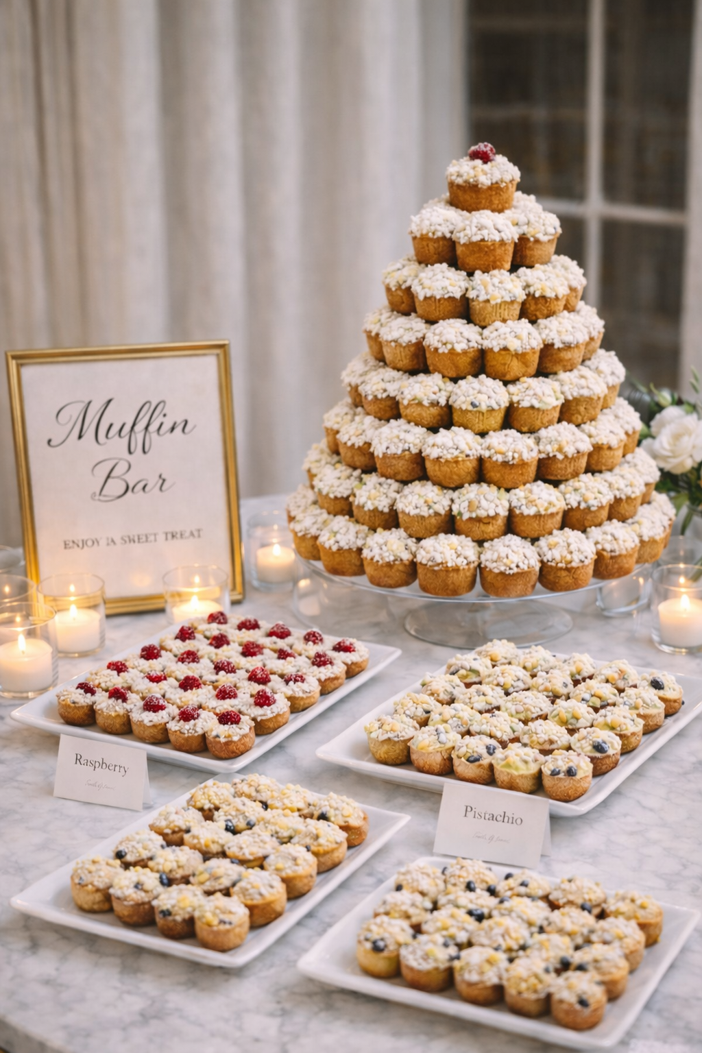 A dessert table with a muffin tower, plates of raspberry and pistachio muffins, and a sign that reads 'Muffin Bar, Enjoy a Sweet Treat.'