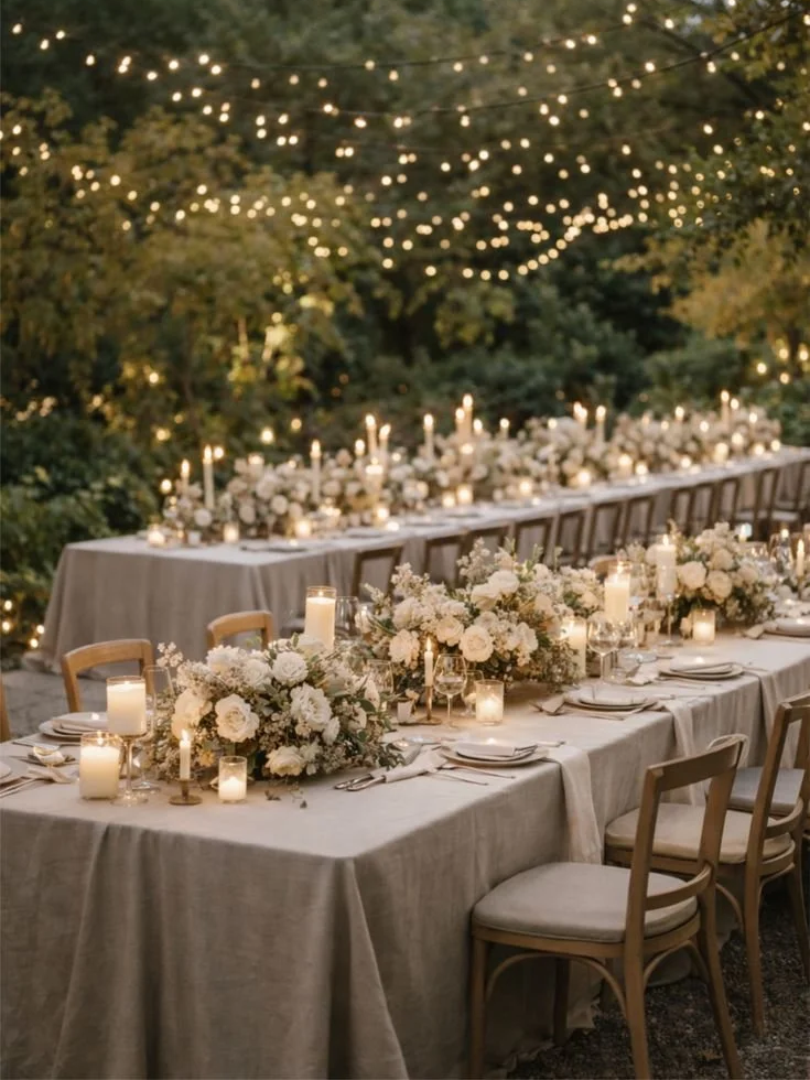 Outdoor wedding reception table decorated with white flowers, candles, and fairy lights overhead during evening.