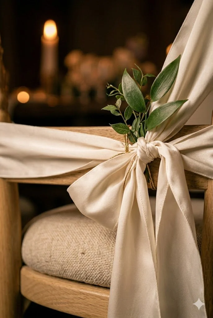 Close-up of a wooden chair with a beige fabric cushion, decorated with a cream-colored ribbon tied in a bow and a sprig of green leaves, with blurred candles in the background.