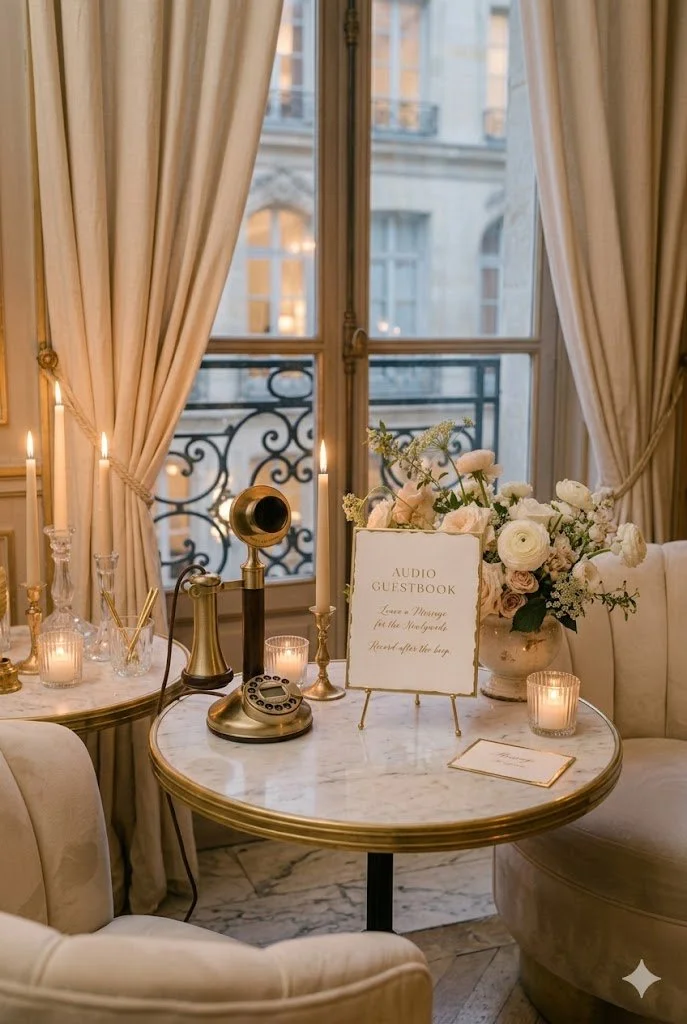 A vintage style room with marble tables, floral arrangements, candles, an antique rotary phone, and a sign for an audio guestbook, with large windows and cream-colored curtains.