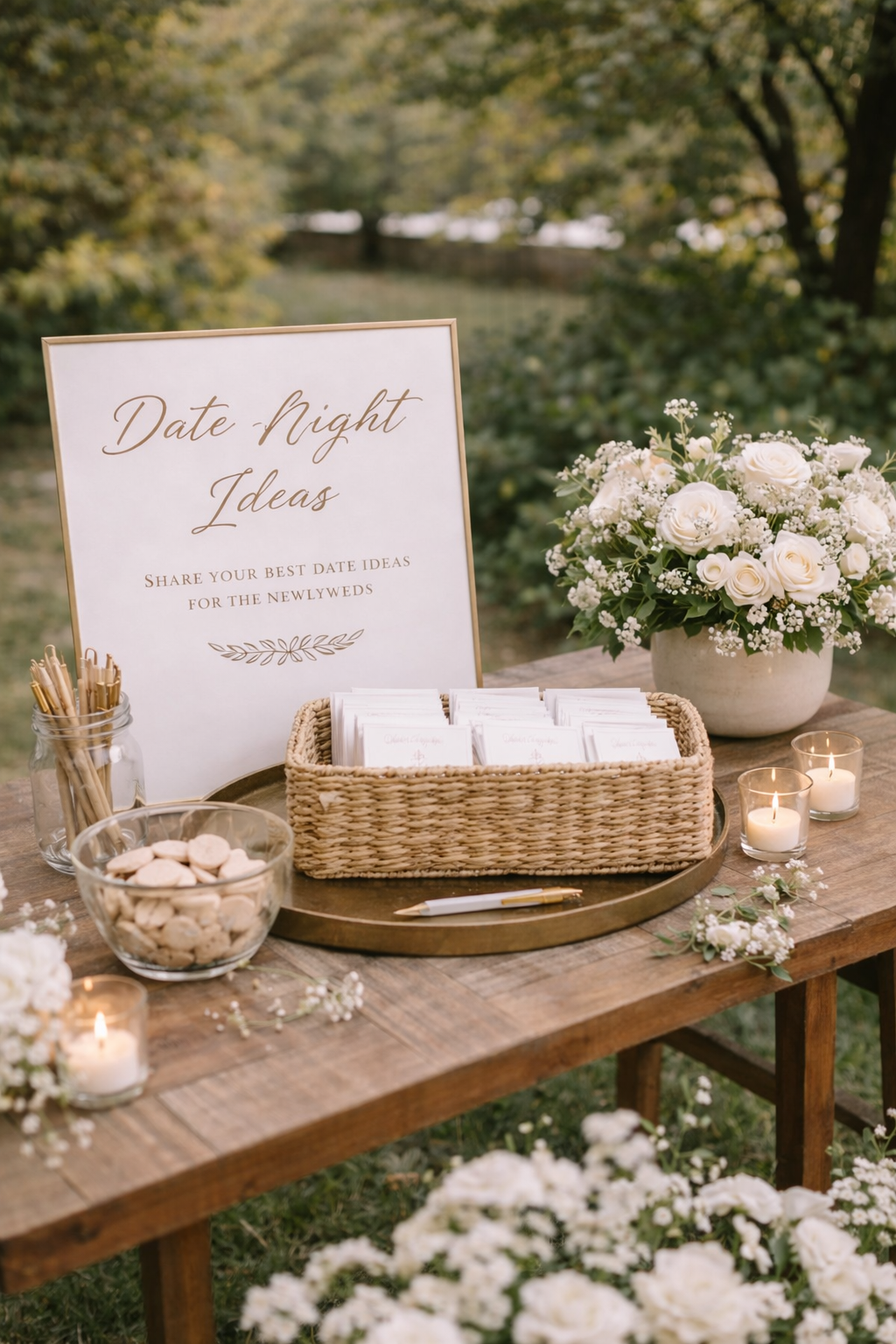 A table with a sign that says 'Date Night Ideas' for newlyweds, surrounded by white roses, candles, and wedding favors, set outdoors with trees in the background.