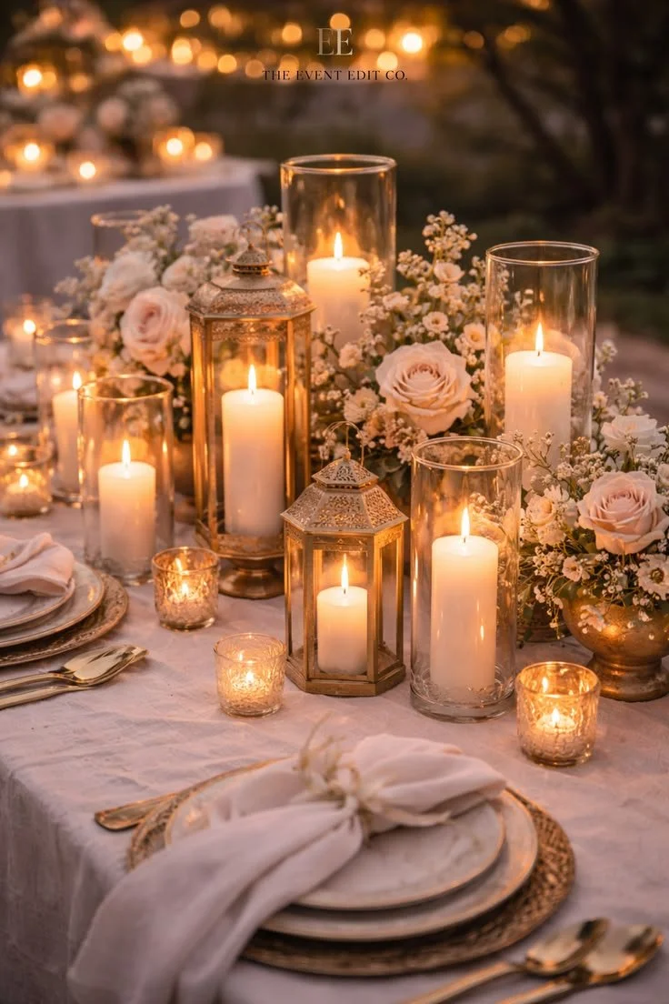 Decorated dining table with lit candles in glass and metal holders, floral arrangements with roses and baby's breath, gold-colored dinnerware, and neutral-colored napkins in a warm, elegant setting.