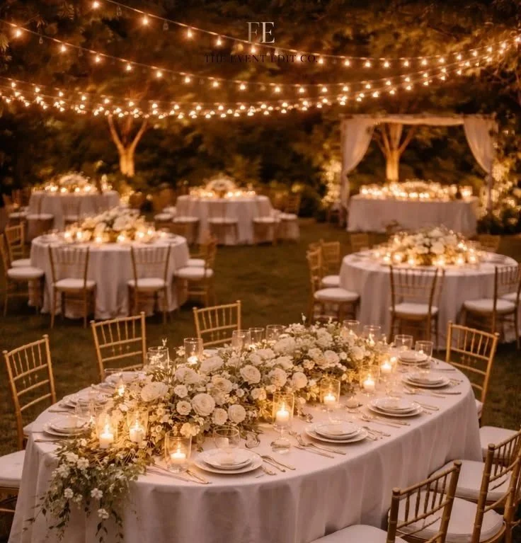 outdoor wedding at night with round tables and string lights