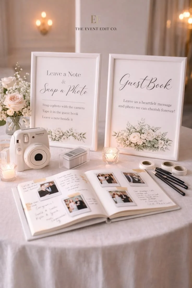 White wedding guest book with polaroid camera and wedding signs