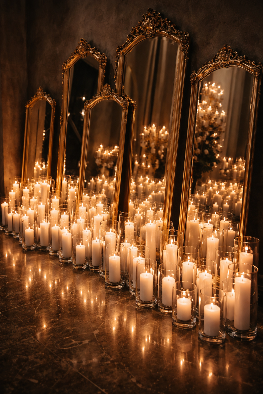 A row of white candles in glass holders lit, placed on a polished dark surface, with four ornate gold-framed mirrors reflecting a chandelier and a decorated Christmas tree with lights in the background.