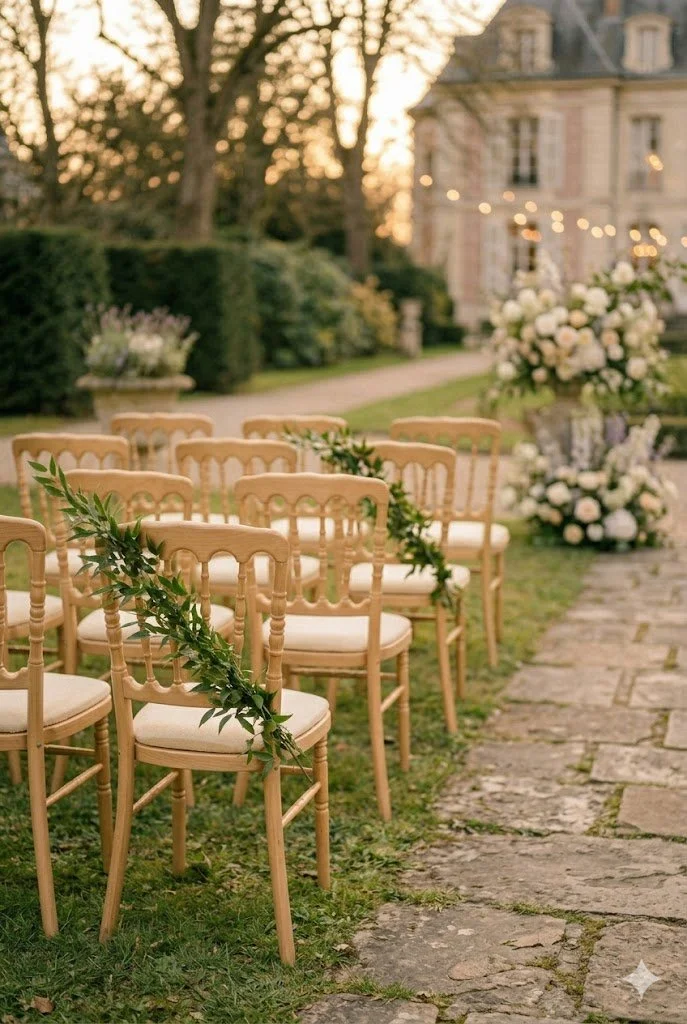 Outdoor wedding ceremony setup with wooden chairs decorated with greenery, arranged on a grassy area with a stone pathway, in front of a large house and surrounded by trees and floral arrangements, during sunset.