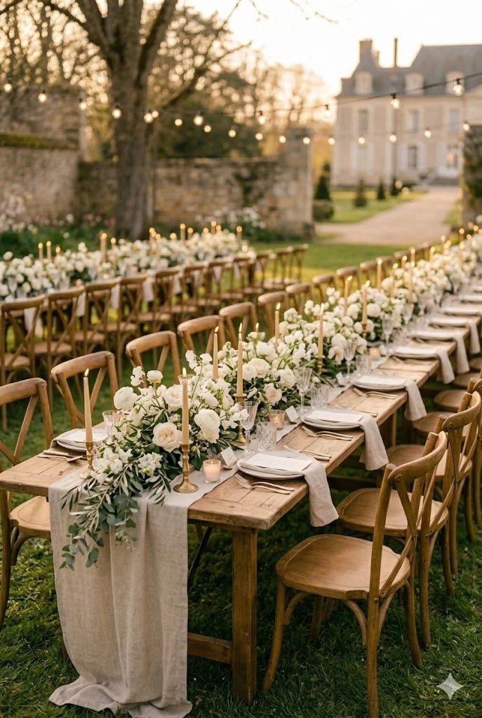 Outdoor wedding reception table setup with floral centerpieces, candles, and place settings, in a garden with string lights and a house in the background during sunset.