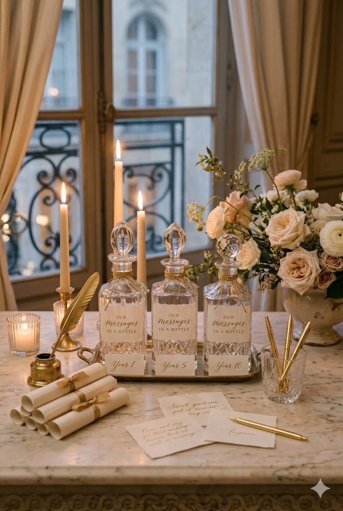A decorative table with three glass bottles labeled 'Our messages in a bottle' for year 1, year 5, and year 10, each with a candle on top. There are rolled-up scrolls, handwritten notes, a gold pen, a glass with gold pens, a candle, and a large bouqu