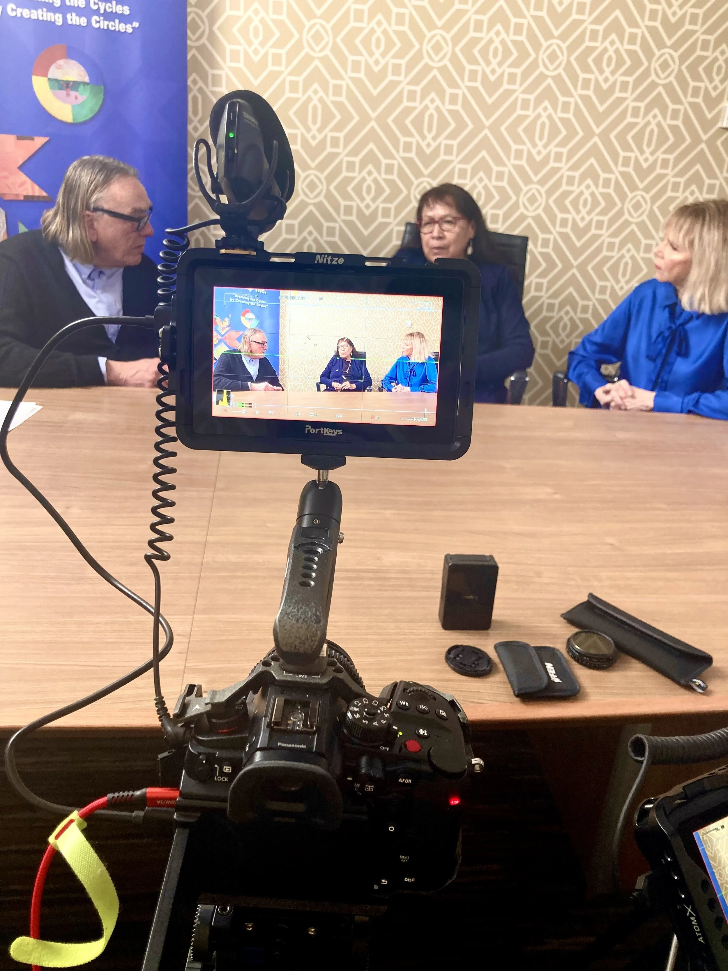 A camera captures a panel discussion with three women seated at a table, in front of a patterned wall and a colorful poster.