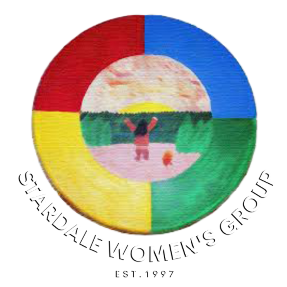 Colorful circular logo of the Shady Springs Women's Group, with a central drawing of a person standing on a beach at sunset, arms raised, in front of a sunset over water and trees. The outer circle has red, blue, yellow, and green segments, and the group’s name is written around the bottom edge.