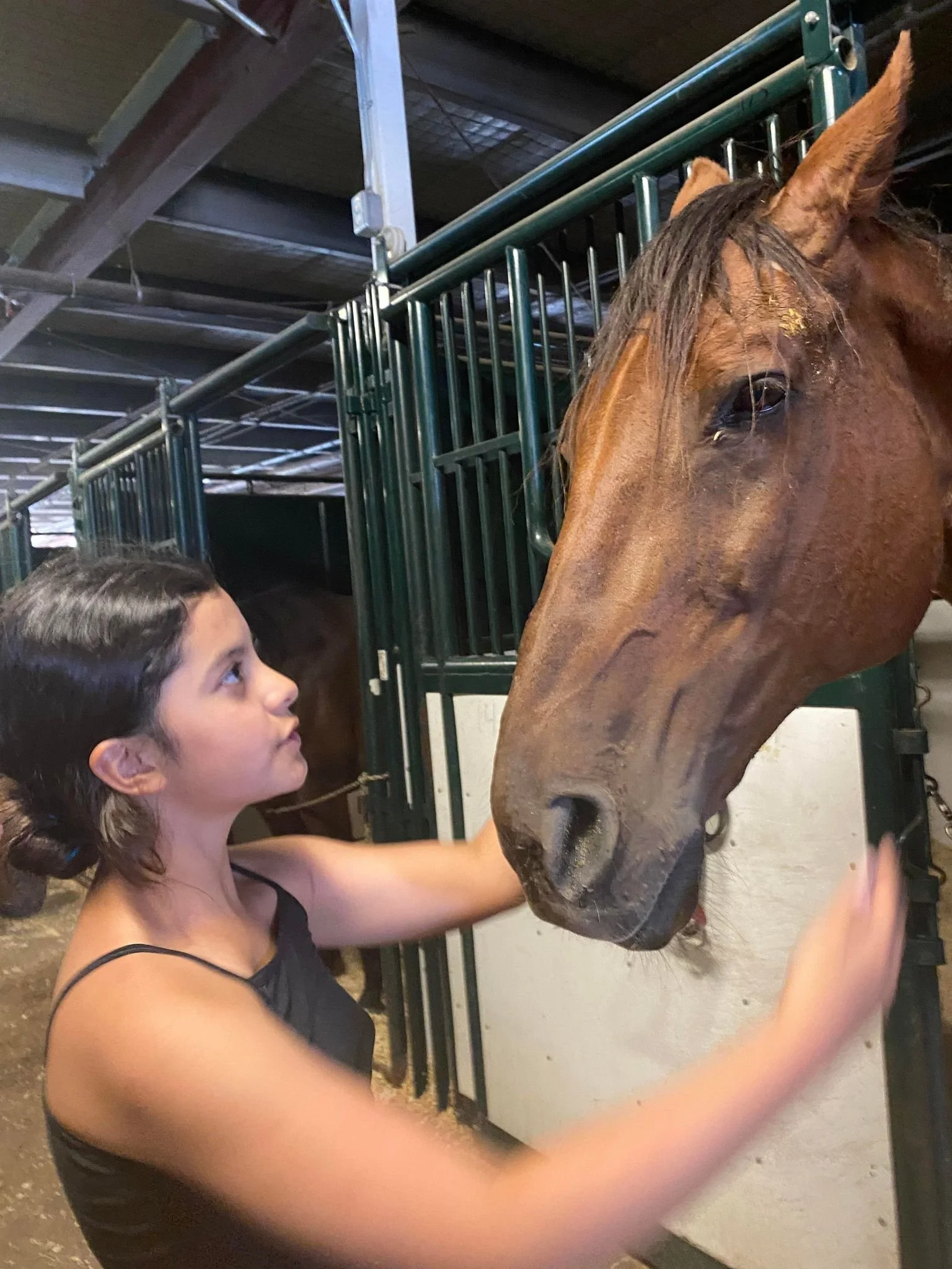 A young girl petting a brown horse inside a stable.