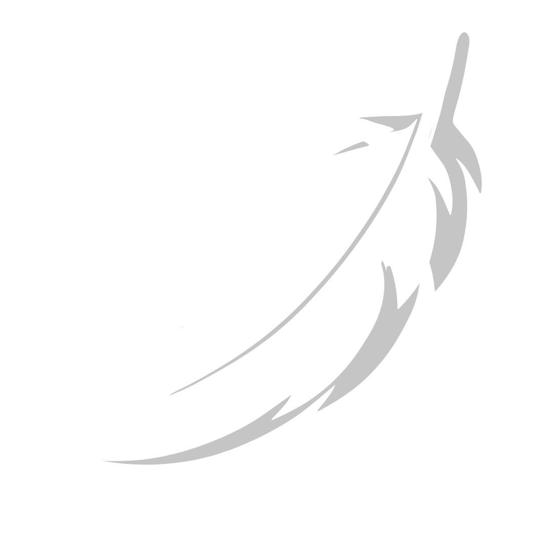 Black and white illustration of a feather.