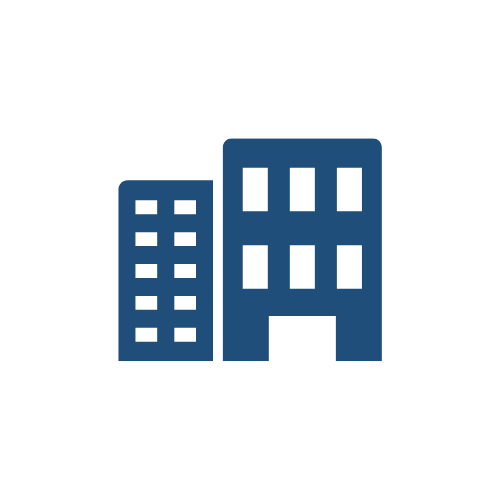 Icon of three buildings, blue on a black background.