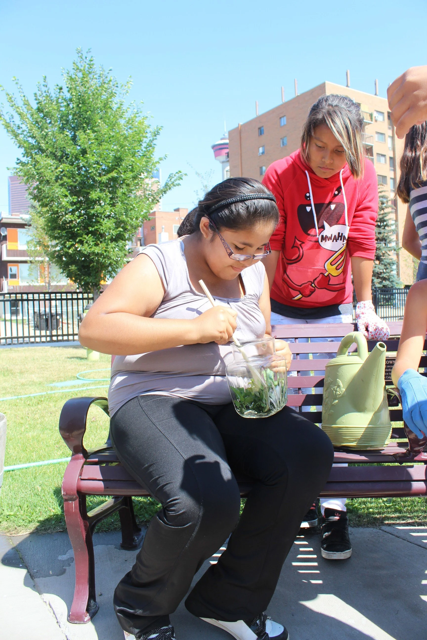 A girl sitting on a park bench planting green plants in a glass container, with two other girls standing nearby and gardening tools on the bench, in a sunny outdoor setting with trees and buildings in the background.