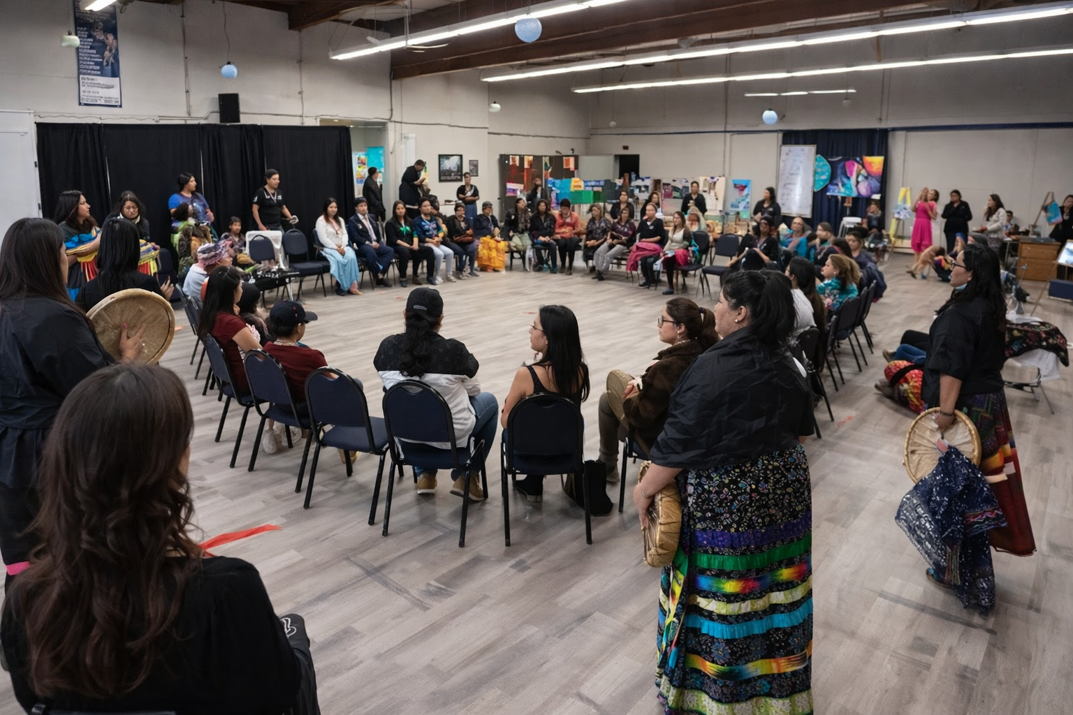 A large indoor gathering of diverse women and children sitting in a large circle, with some standing and holding traditional drums and fans, surrounded by artwork and displays in a community or cultural center.