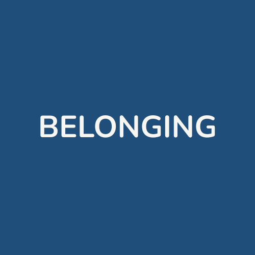 Blue background with the white word "BELONGING" centered.