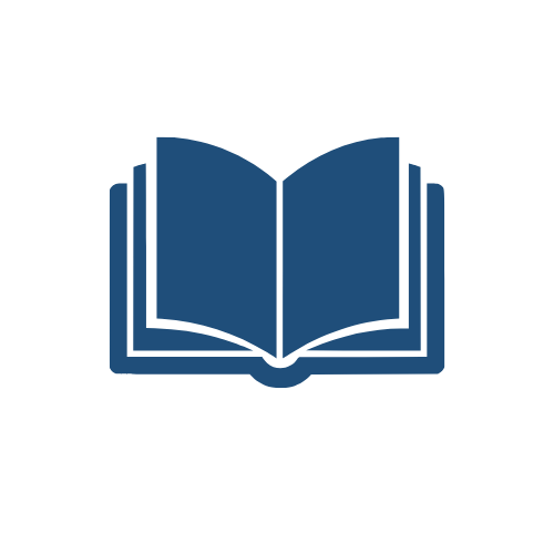 Icon of an open book in dark blue color.
