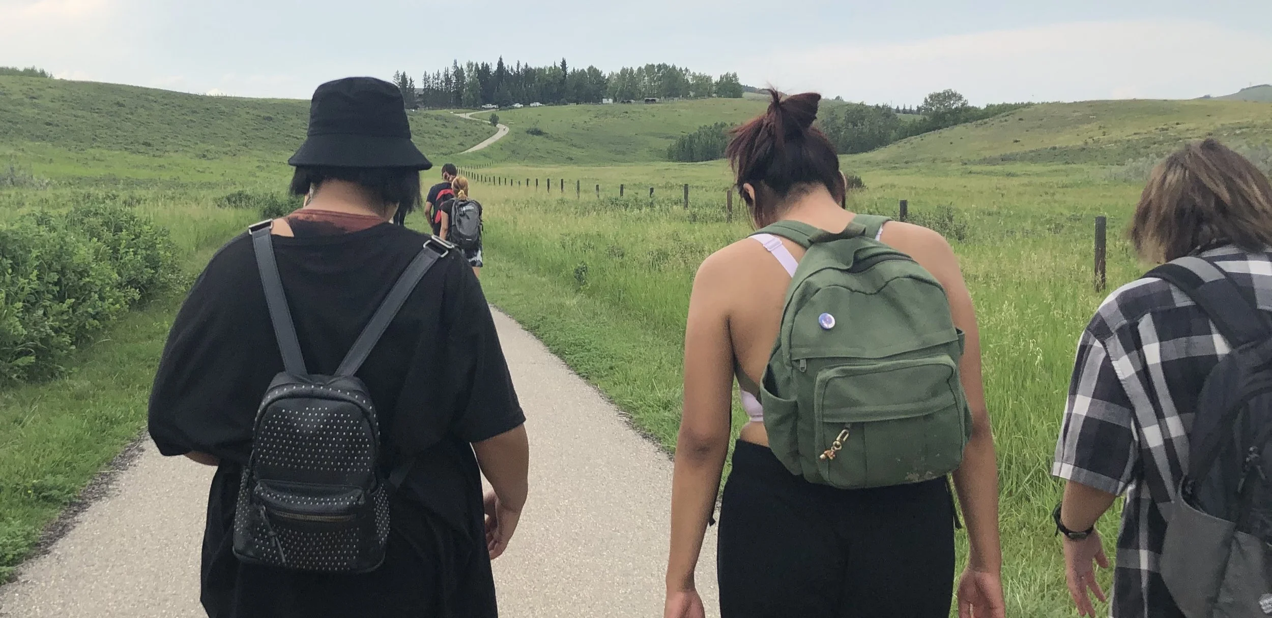 Group of people walking on a paved trail through a green, hilly landscape with trees in the distance.