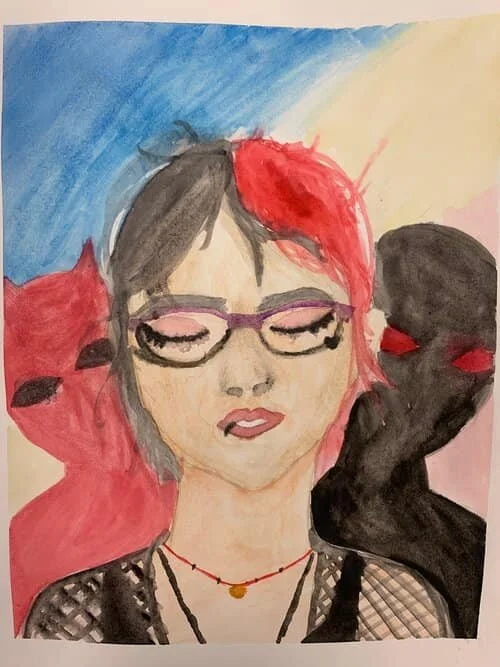Watercolor painting of a woman with glasses, short hair colored black with red streaks, surrounded by two colorful cats against a blended multicolored background.