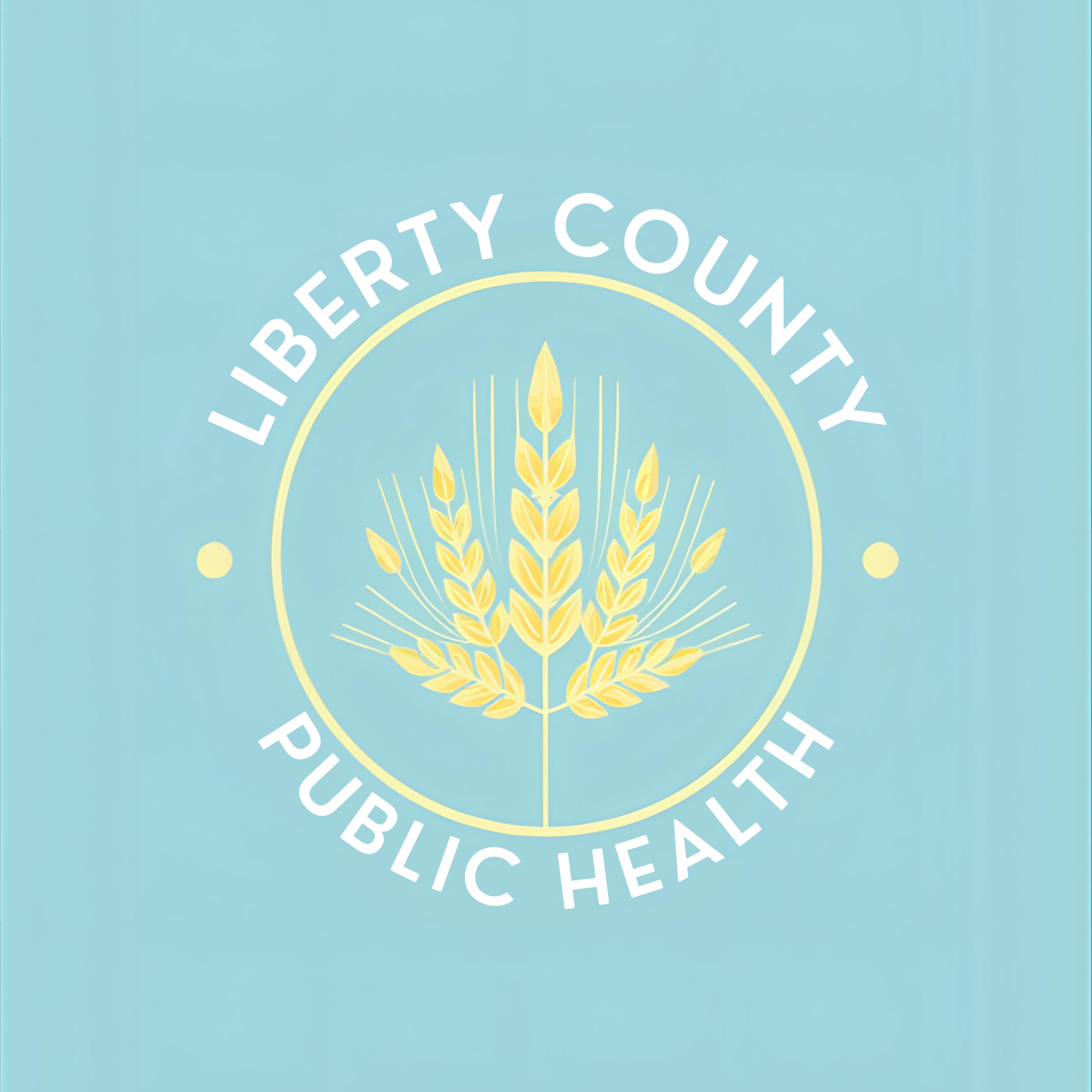 Logo for Liberty County Public Health featuring yellow wheat stalks within a circular border on a light blue background.