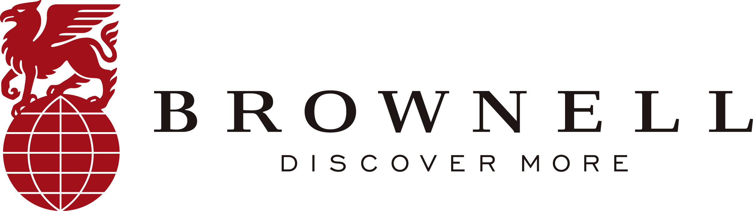 Brownell logo with a red griffin and globe symbol, and the words "Brownell Discover More"