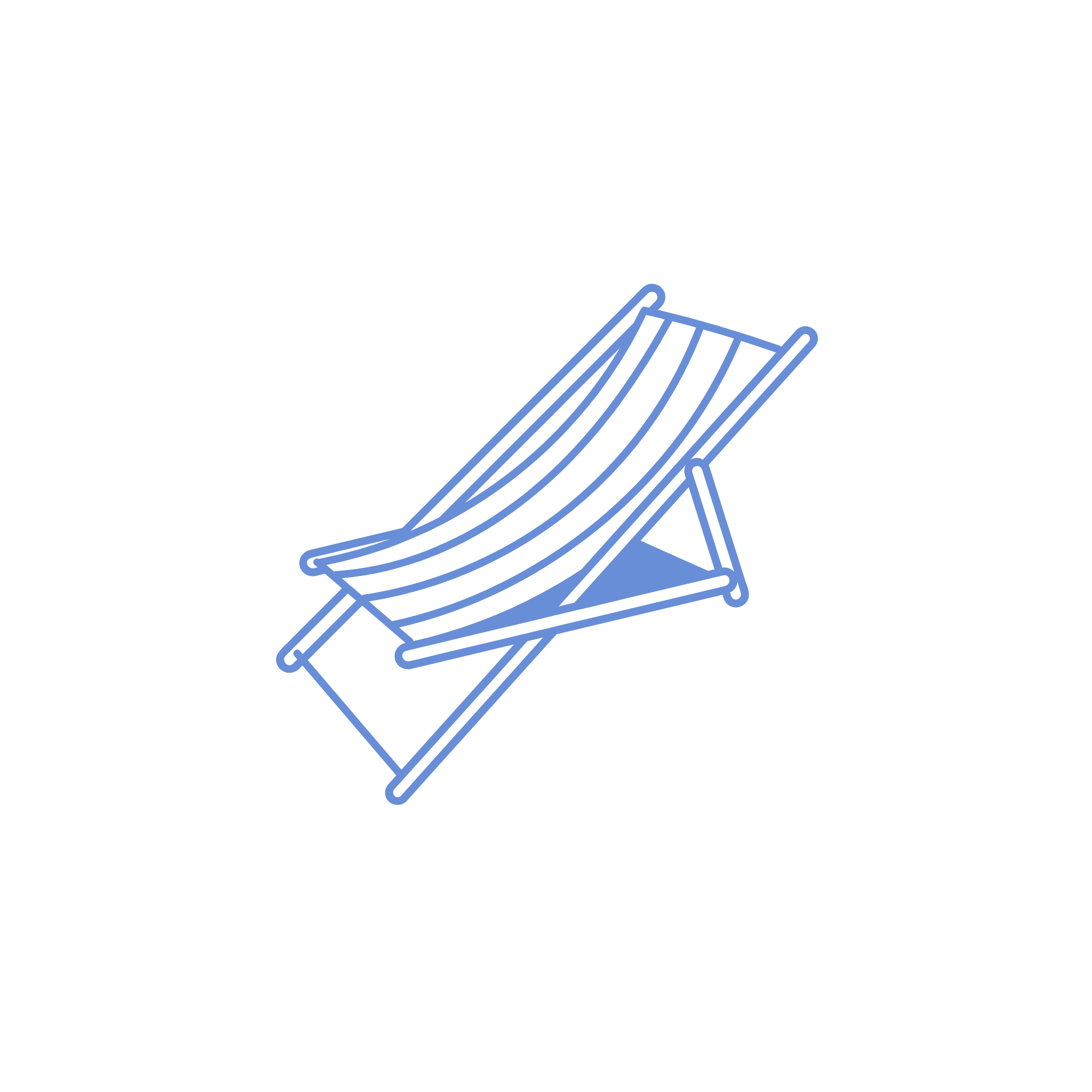 Digital illustration of a folding lounge chair with a minimalist design, depicted in outline style with blue lines on a black background.