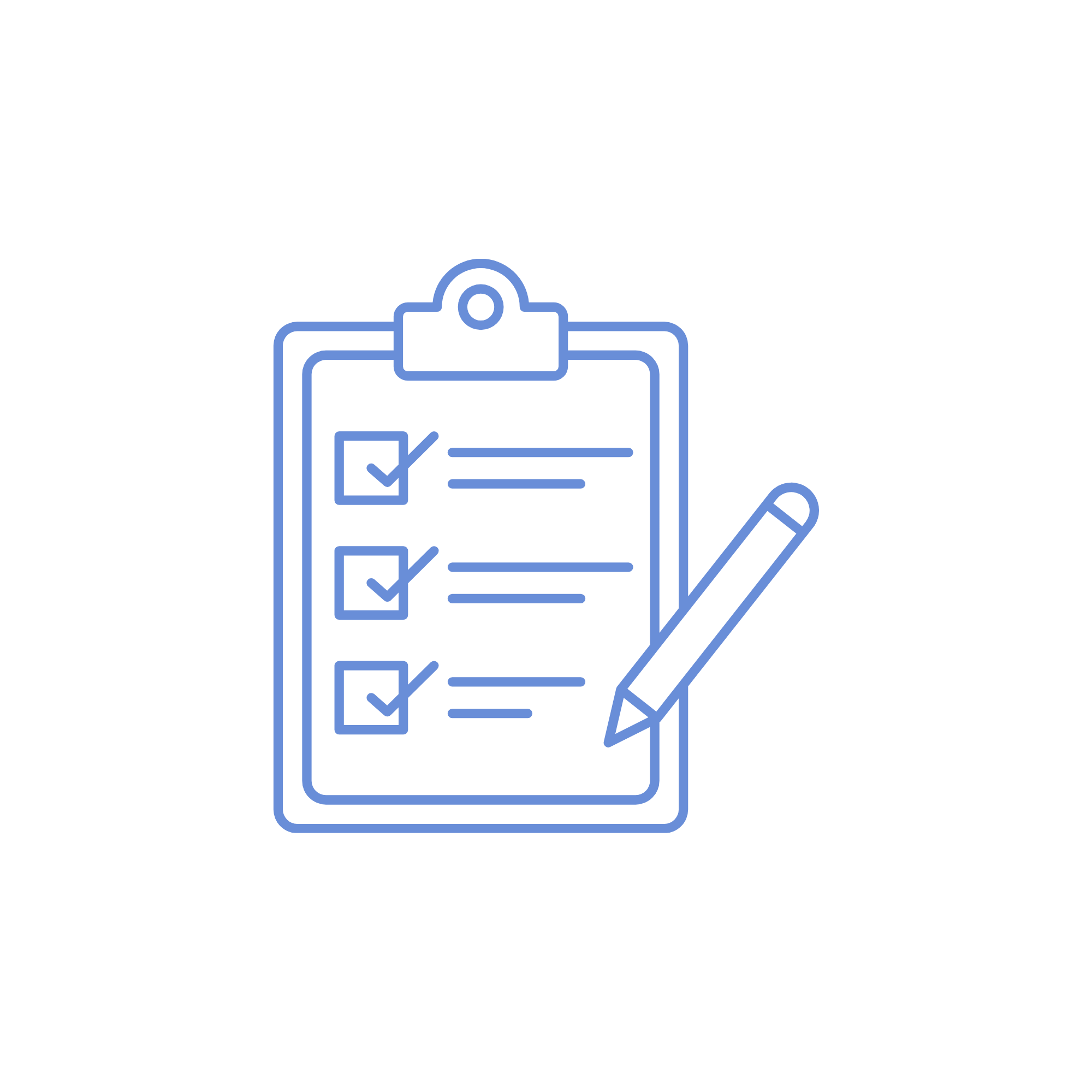 Outline of a clipboard with checkmarks and a pen, suggesting a task or checklist.