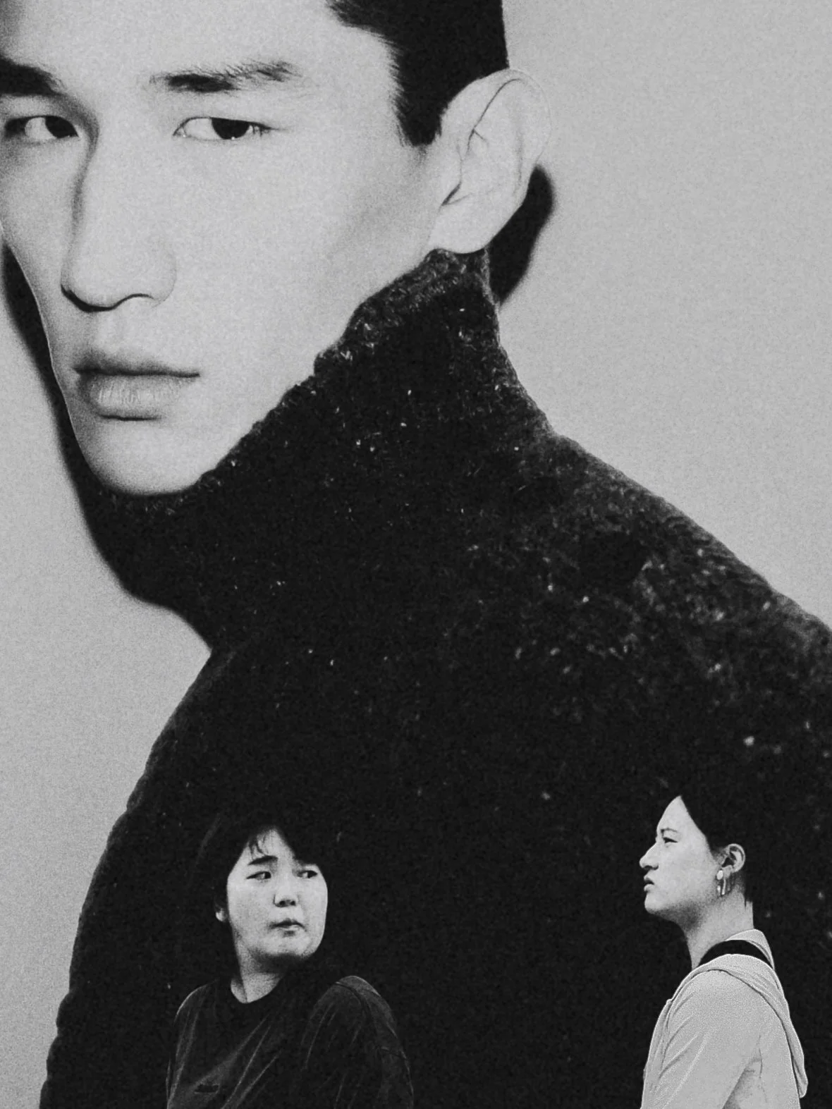 Black and white photo of three women with Korean features. The central figure is a large close-up of a woman's face, with short dark hair and wearing a high-necked, textured top. At the bottom right, a woman is in profile facing left; she has earring