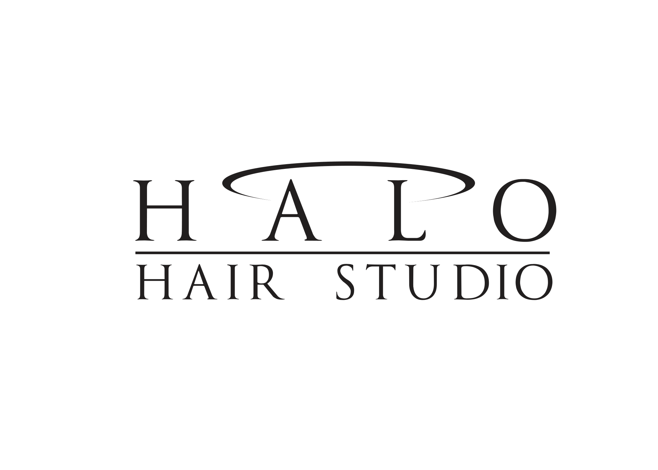 Logo for Halo Hair Studio with the word 'HALO' featuring a halo above the 'A' and the words 'Hair Studio' underneath.