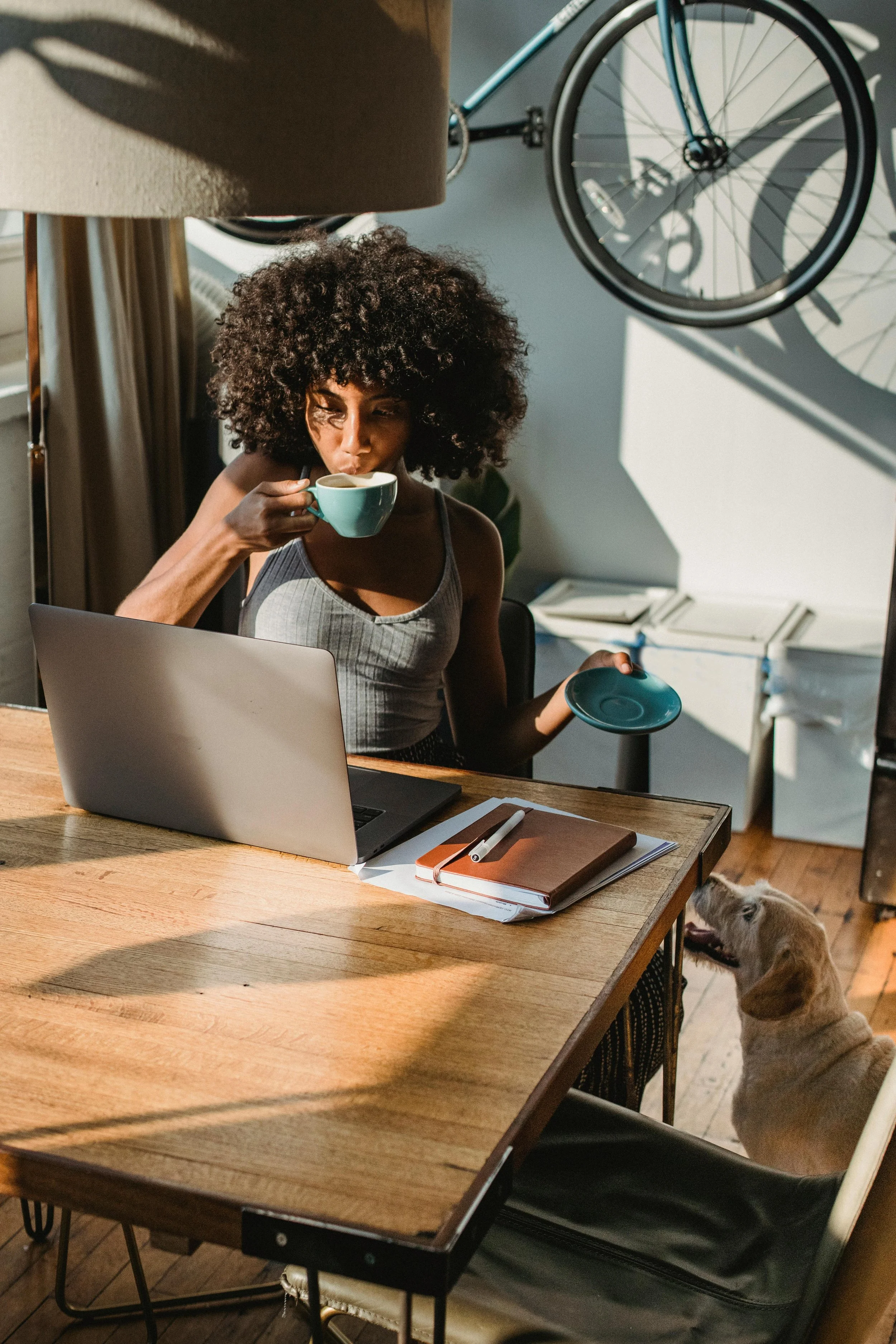 A woman with curly hair sitting at a wooden desk, drinking from a blue mug, with laptop, notebooks, and a pen in front of her. A dog is sitting on a chair nearby. There's a bicycle hanging on the wall behind her and sunlight coming through a window.
