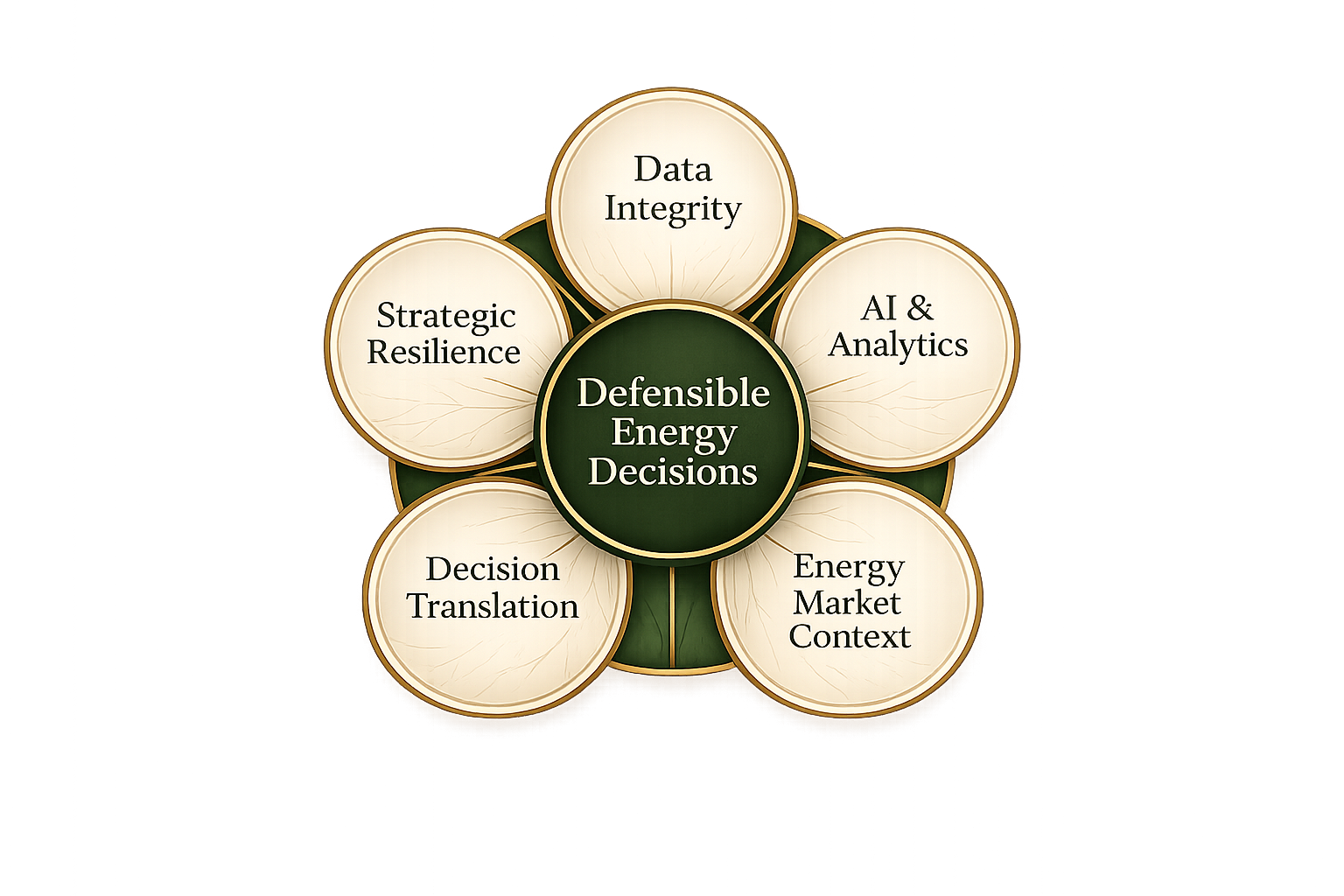 Energy decision intelligence framework illustrating how data, analytics, and market context support decision-making
