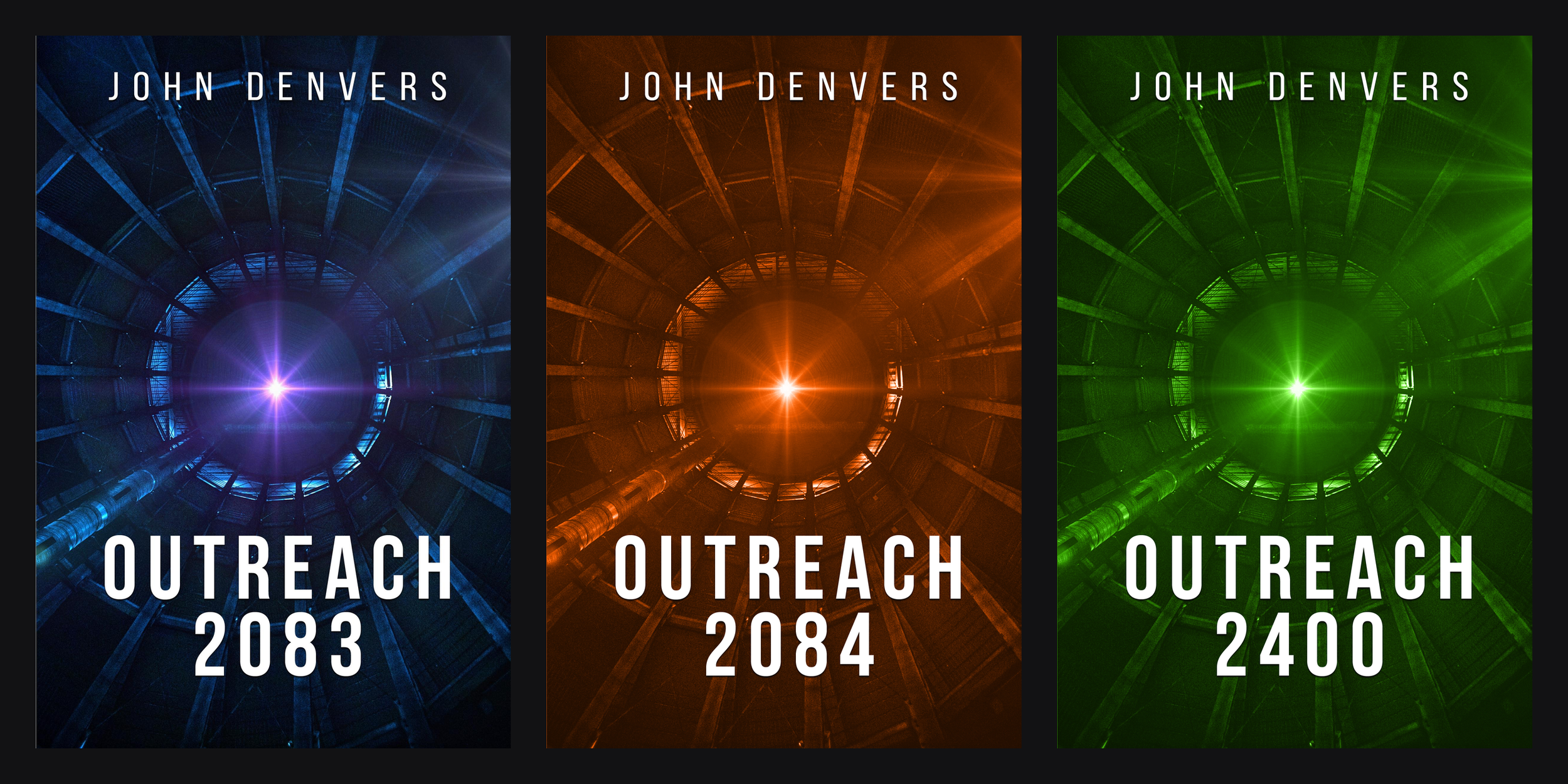 The Outreach Series by John Denvers — book covers for Outreach 2083, 2084, and 2400
