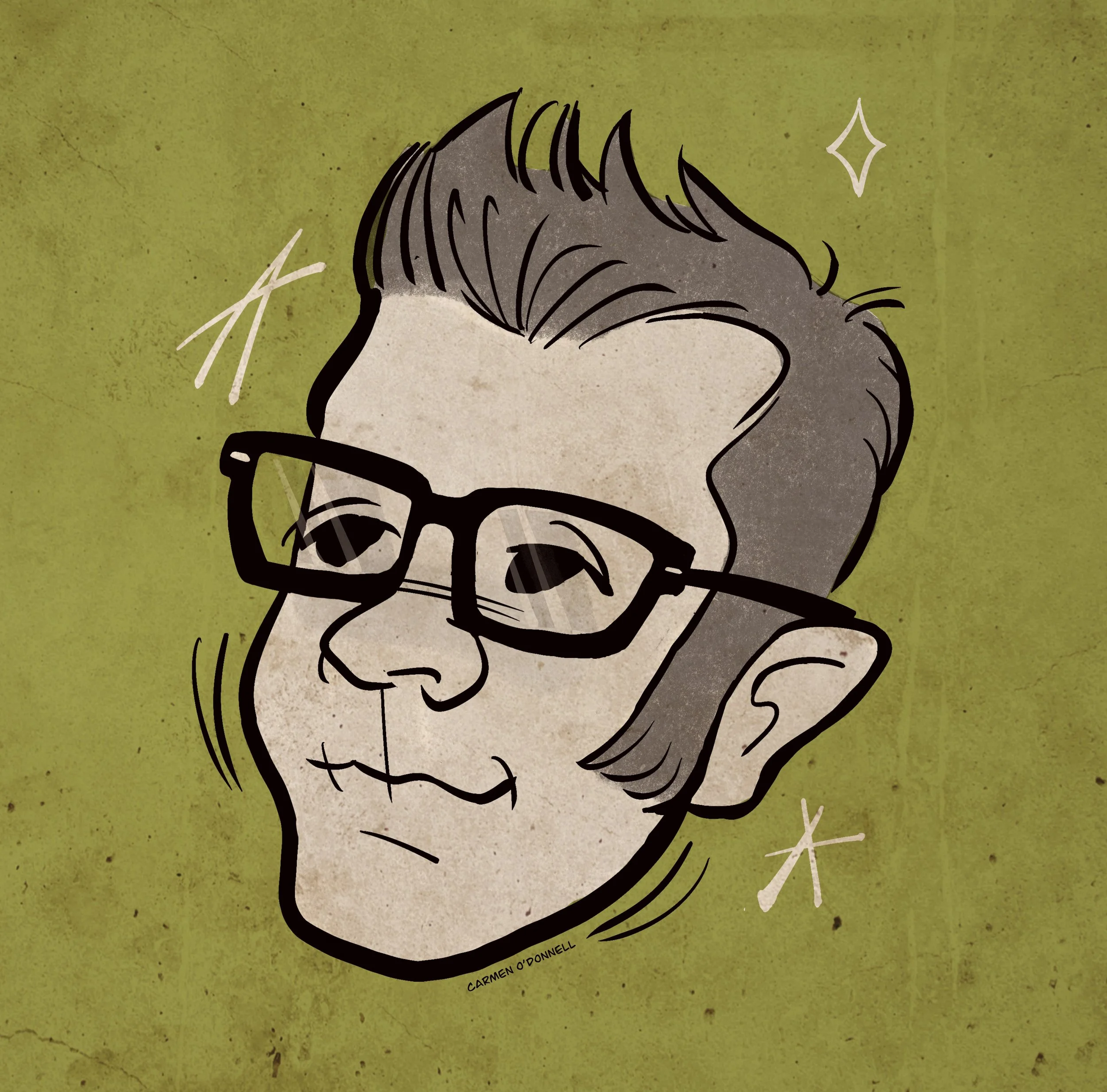 A cartoon illustration of a man with glasses, short hair, and a serious expression against a textured green background.