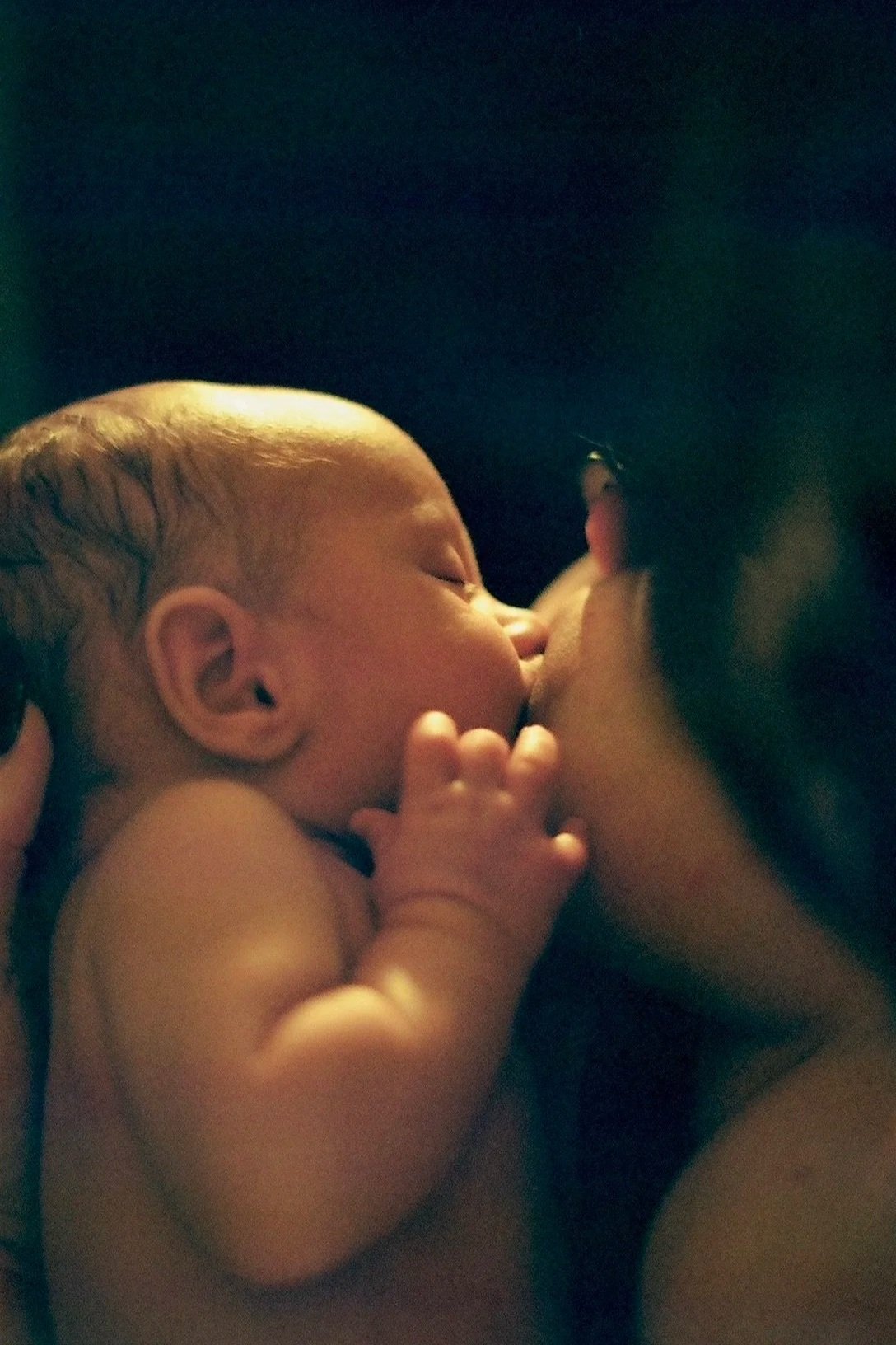 Mother nursing her newborn baby, breastfeeding at home.