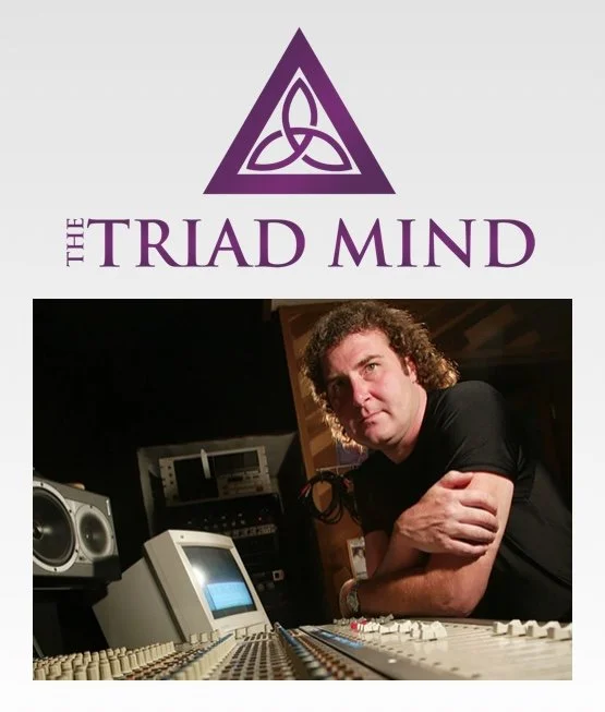 Logo of The Triad Mind featuring a purple triangle with a triquetra symbol inside, and a man with curly hair in a music studio surrounded by audio equipment.
