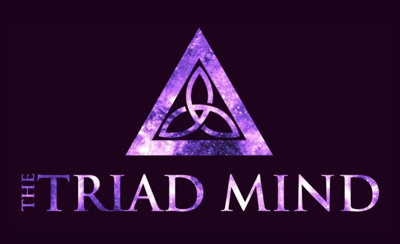 A purple and black logo with a triangle containing a triquetra symbol and the text 'The Triad Mind' beneath it.