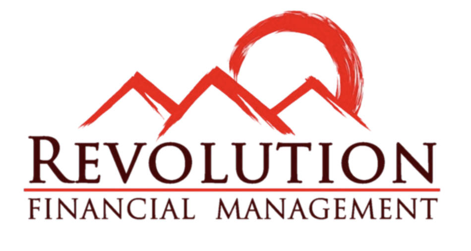 Logo for Revolution Financial Management featuring red mountain peaks and a red sun.