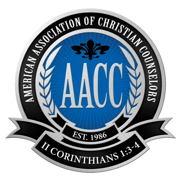 Logo of the American Association of Christian Counselors (AACC), established in 1986, featuring a black, white, and blue color scheme, a crown, laurel leaves, and a Bible verse reference to 2 Corinthians 1:3-4.