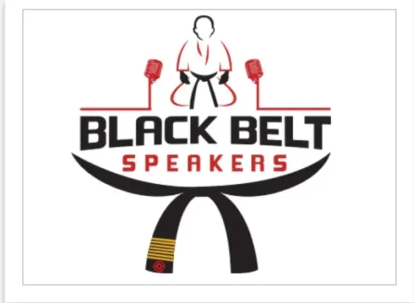 Logo for Black Belt Speakers, featuring a martial artist in a black belt with microphones on each side, and text 'Black Belt Speakers'