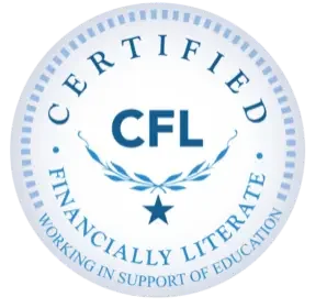 Certified Financial Literacy (CFL) badge with a blue and white design, featuring laurel branches and a star.