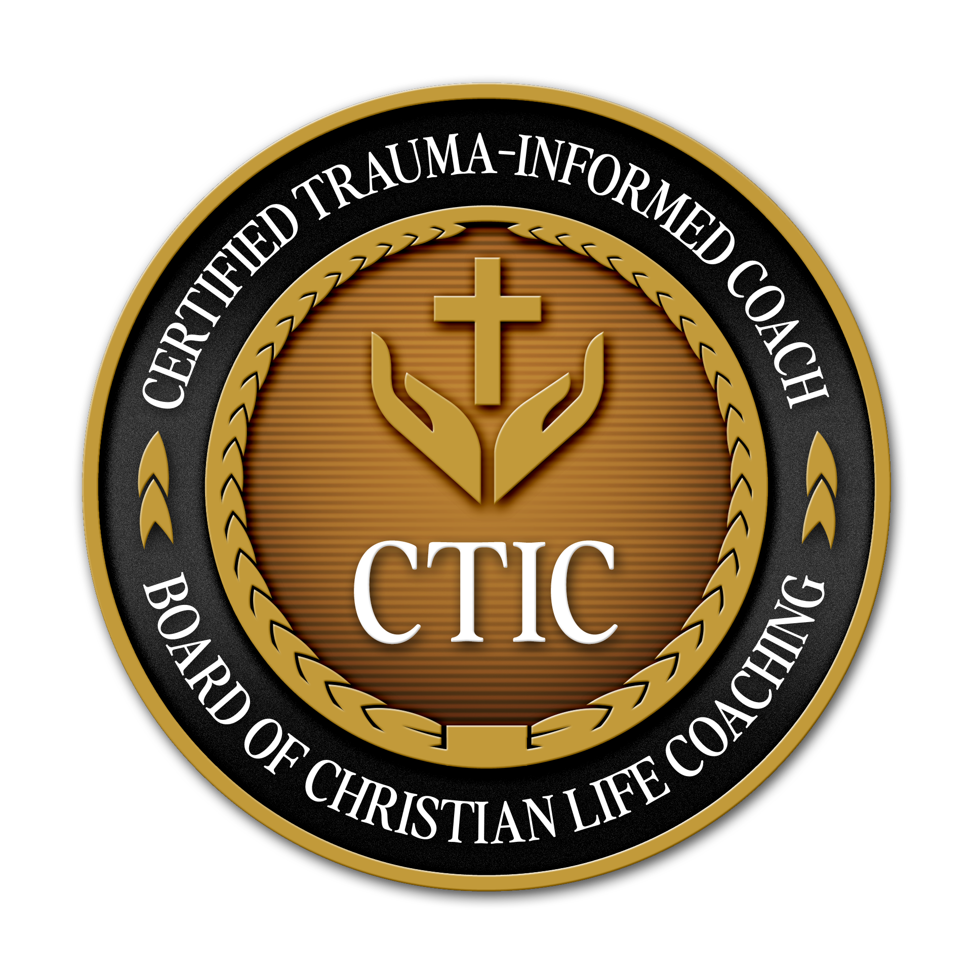 Logo of the Christian Traffic Injury Coordinator, featuring a cross and hands in gold, with a black and gold circular border and the text 'Certified Trauma-Informed Coach Board of Christian Life Coaching'.