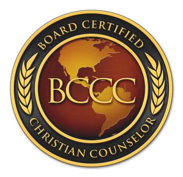 Seal with a globe in the center, surrounded by text reading 'BOARD CERTIFIED CHRISTIAN COUNSELOR' and 'BCC'.
