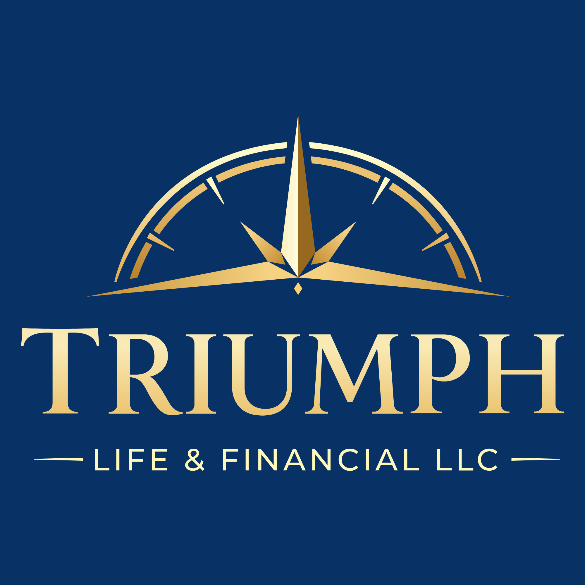 A logo for Triumph Life & Financial LLC featuring a gold compass on a dark blue background with the company name written in gold text.