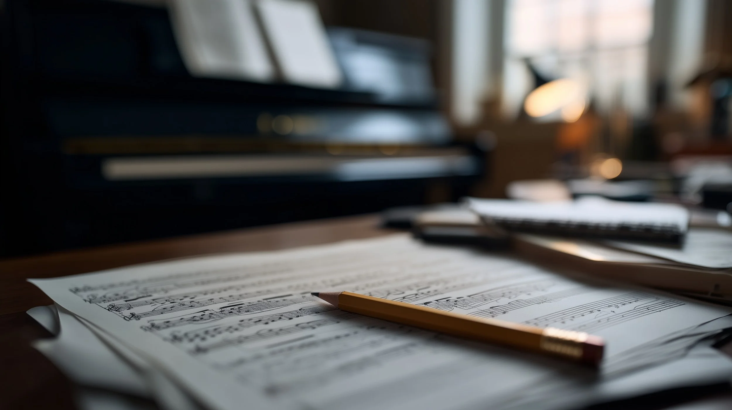 Piles of sheet music with a yellow pencil on top, laid out on a desk with a blurry piano and window in the background.