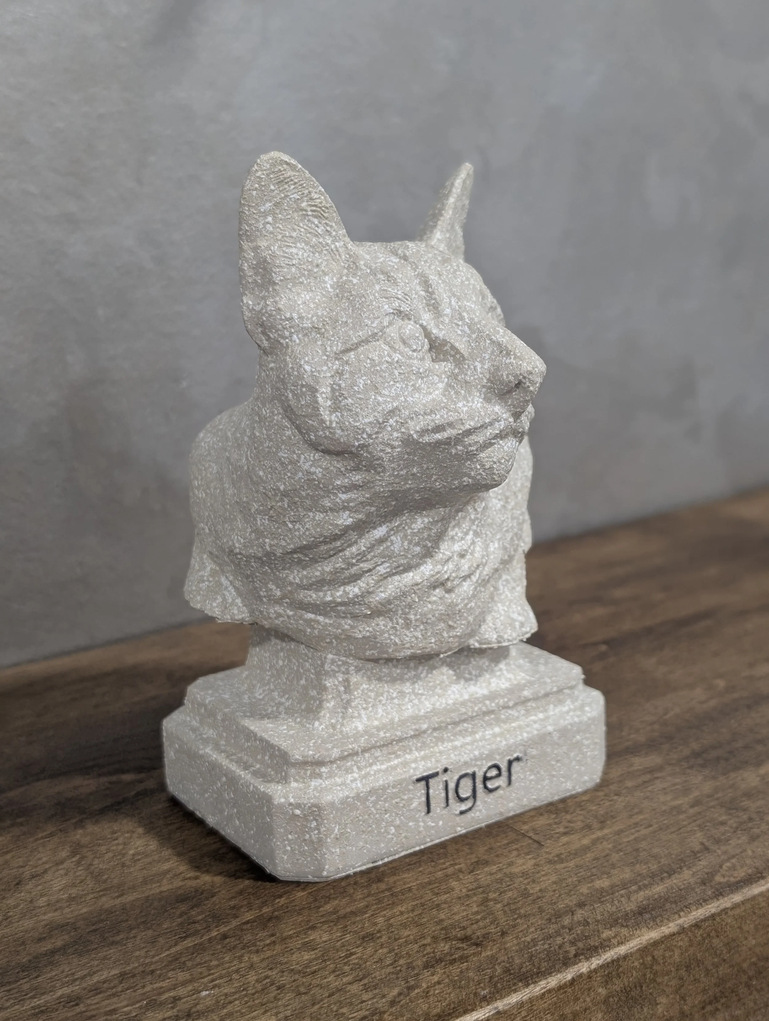 White textured statue of a tiger's head with a rectangular base labeled 'Tiger', placed on a wooden surface against a gray wall.