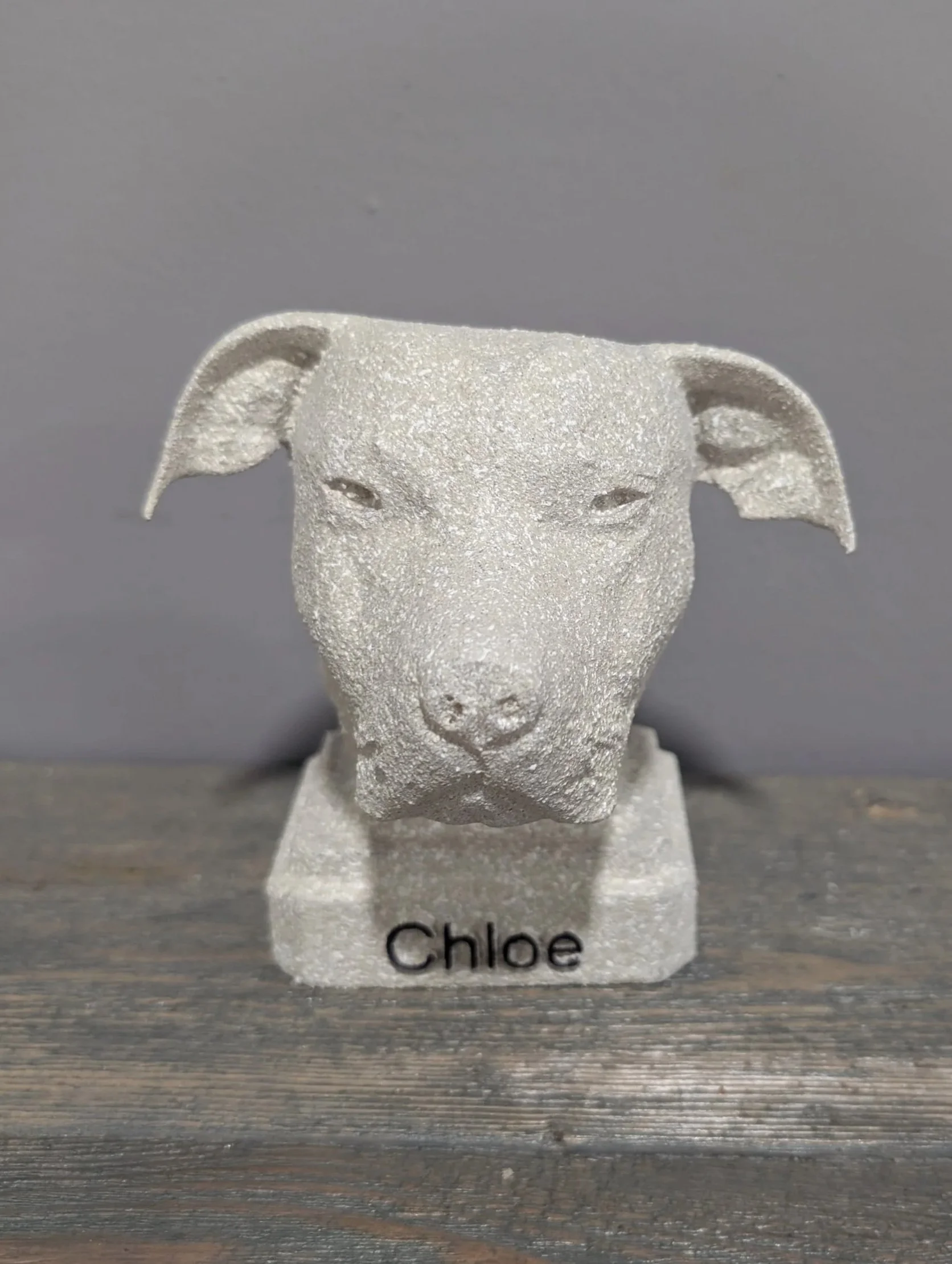 Gray statue of a dog's head on a stand with the name 'Chloe' written on it, placed on a wooden surface.