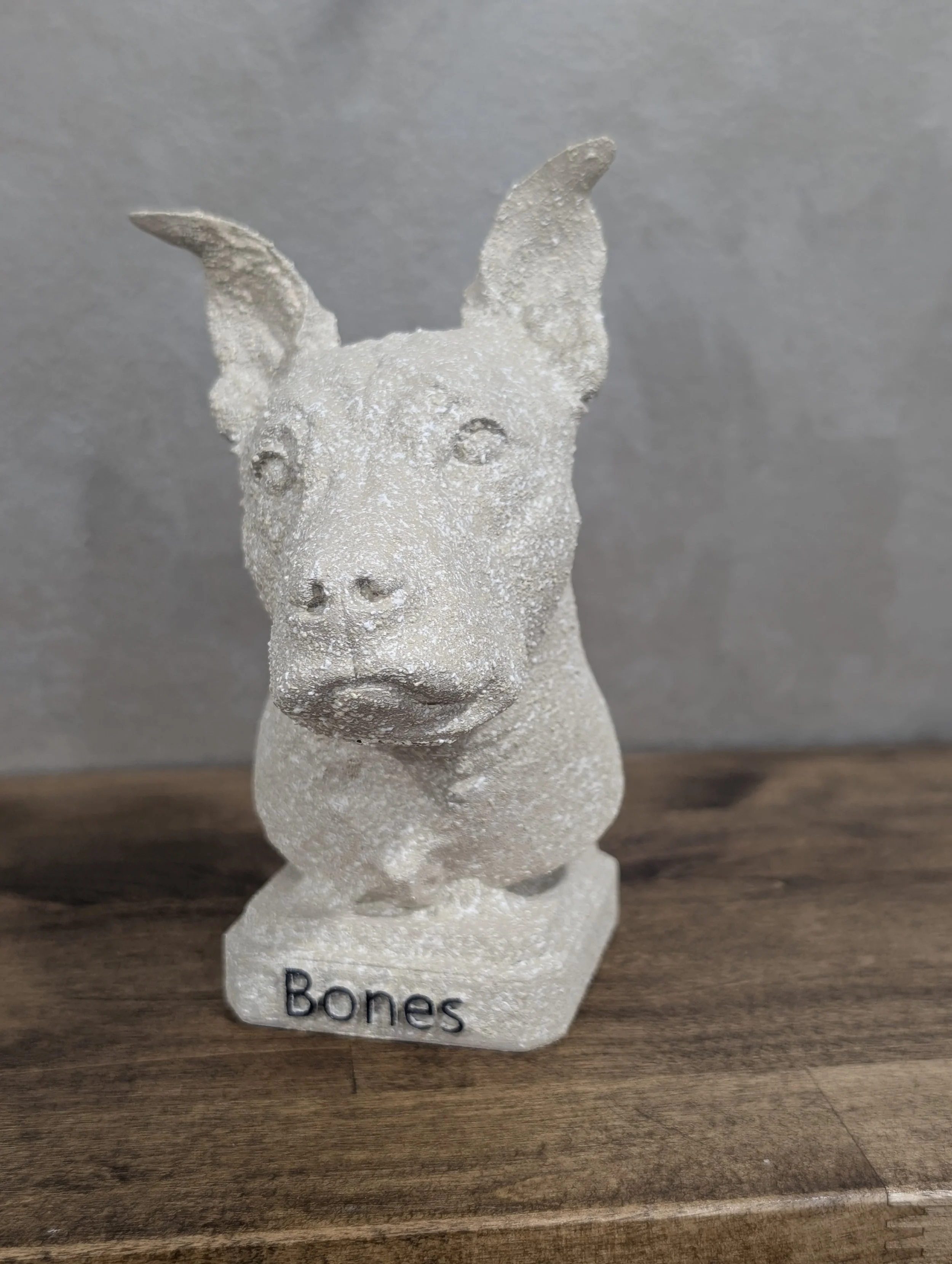A small decorative statue of a dog with a rough, textured surface, standing on a wooden surface, with a label that reads 'Bones' in front of it.